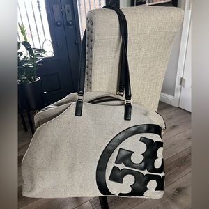 Tory Burch Lonnie Logo Black and Grey Canvas Large Tote Duffle Bag